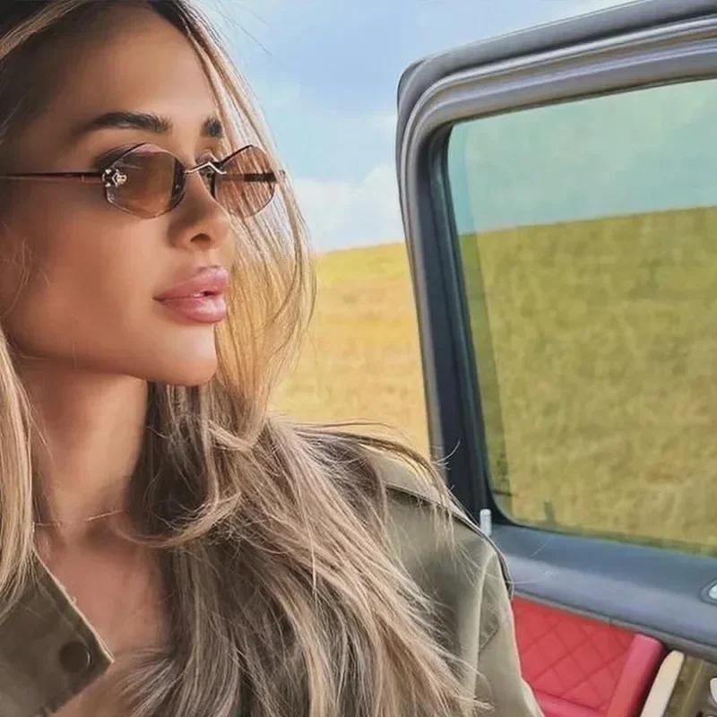 Ashion Small Polygonal Sunglasses For Women Luxury Brand Rmless Brown Rhombus Sun Glasses Woman Vintage Metal Shades Eyewear