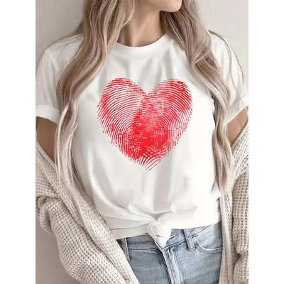 Niedliches Valentinstag-T-Shirt mit Herz-Fingerabdruck in europäischer Größe für Damen, weiches, lässiges Oberteil mit Rundhalsausschnitt
