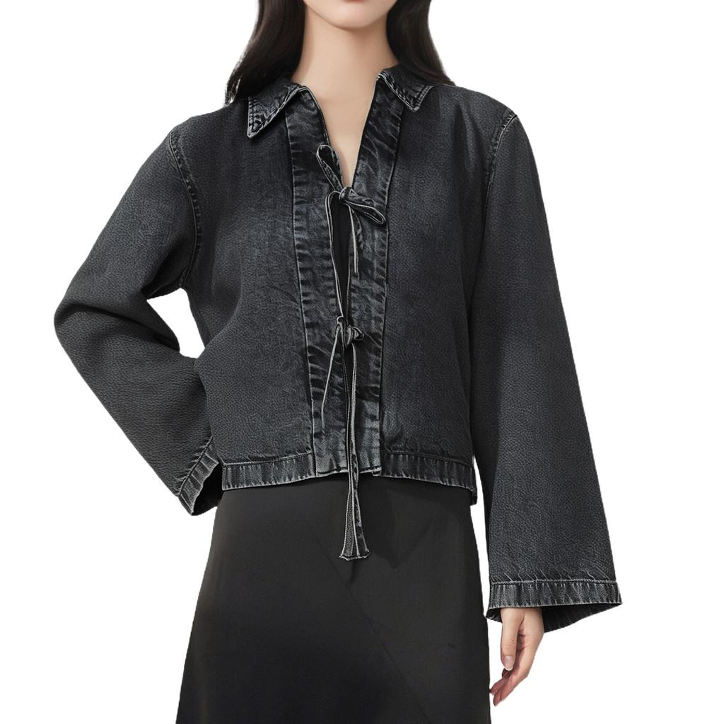 Women's Fashion Casual Denim Lace-Up Jacket Solid Color Lapel Long Sleeve Jacket
