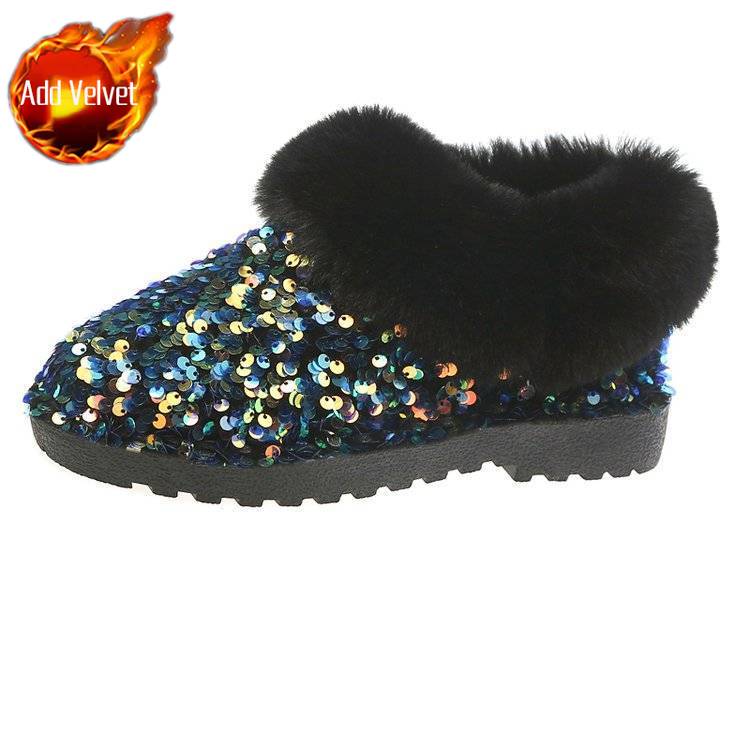 Winter Round Toe Flat Sequins Fleece-lined Woman Shoes Padded Y2k Work Furry Trend 2025 Designer Luxury Hot Snow Boots for Women