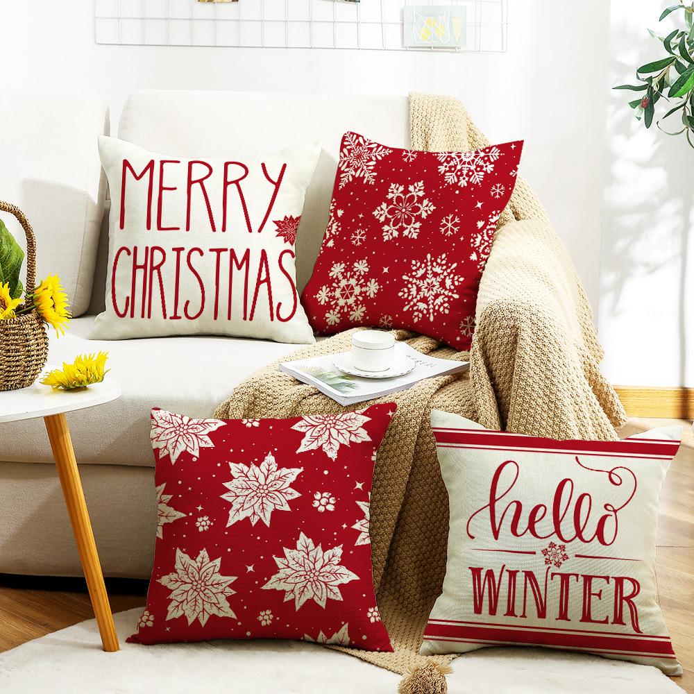 Christmas Red Pillowcase White Snowflake Linen Print Sofa Cushion Home Pillowcase