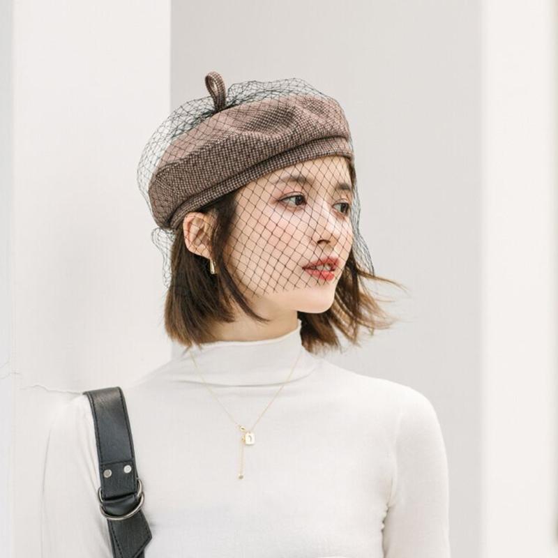 Color Beret Cap with Netting Mesh Veil 
