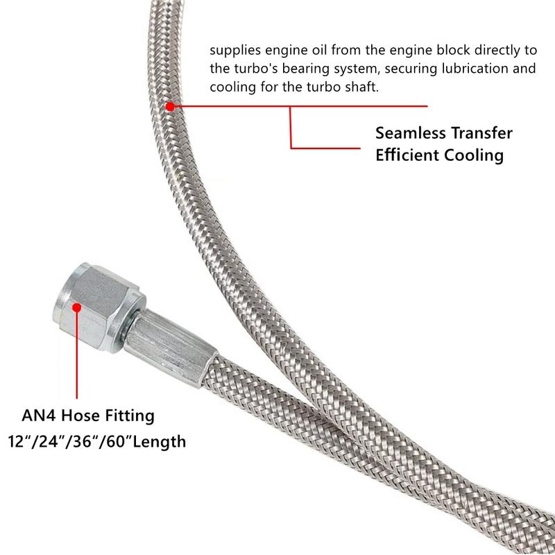 Universal 12" 24" 36" 48" 60" Turbo Oil Feed Line Kit Stainless steel Braided AN4 0+90 Degree PTFE Turbine Oil Feed Pipe