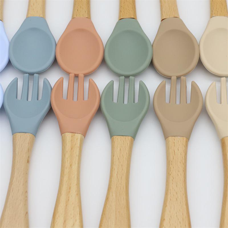 Child's Wooden Handle Silicone Fork & Spoon Set for Learning to Eat