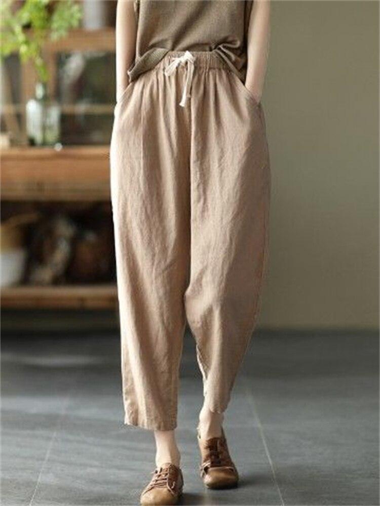 Harajuku Summer High Waist Elastic Women's Cotton Linen Wide Leg Capris Pants for Women Baggy Harem Pants Woman Trousers