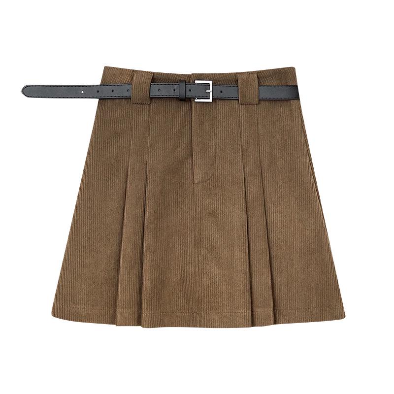 Women's High Waist Khaki Corduroy A-Line Mini Skirt - Petite Slimming Pleated Design for Autumn/Winter 2024