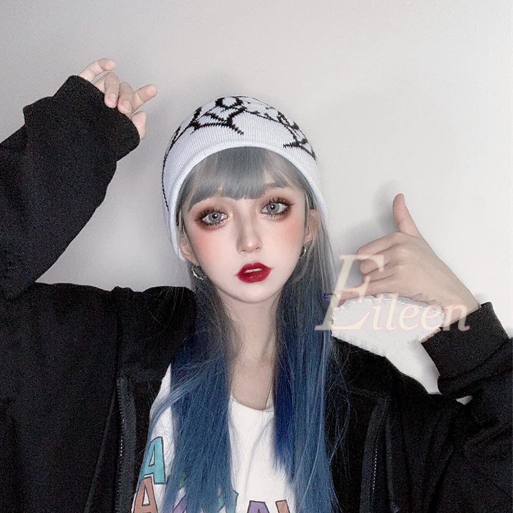 Eileen Blue Gray Medium Long Full Wig Wig Straight Natural Harajuku Style Popular Small Face Effect Cute Medical Women's