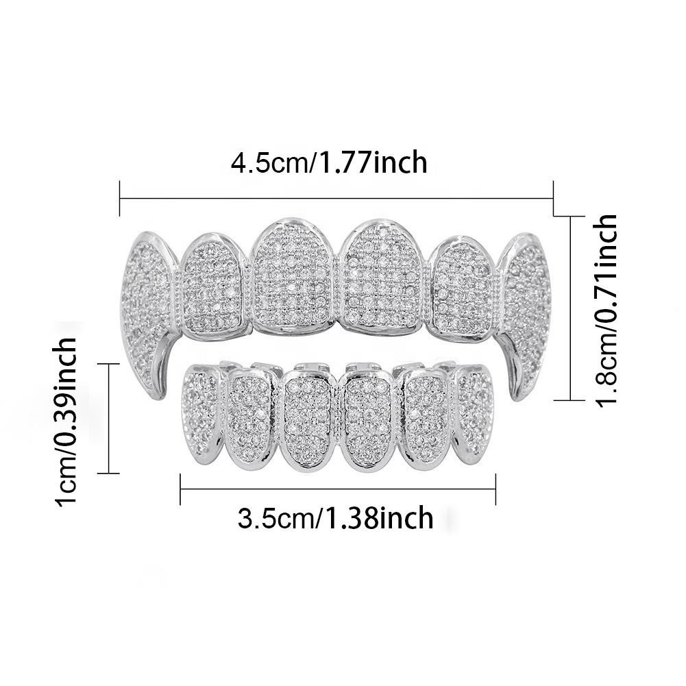925 Sterling Silver HipHop Dental Grills Teeth Grillz Halloween Tooth Grillz Micro Pave Zircon Top Bottom Mouth Teeth Grills Set