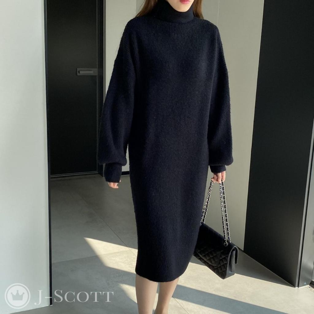 J-Scott Women's Knit Turtleneck Dress with Drop Shoulders, Voluminous Sleeves, and Midi Length, Black, JS116-BK-L