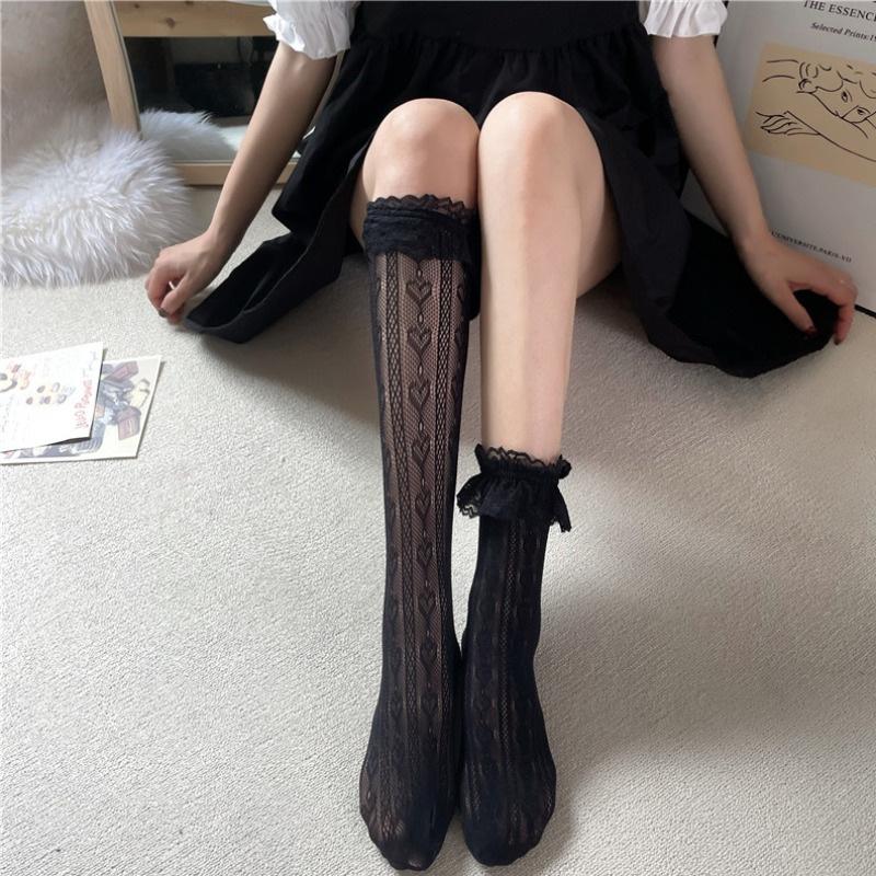 

White lace socks, Lolita calf socks, women s mid-calf socks jk Long lace Japanese-style half-leg stockings loli Average Size