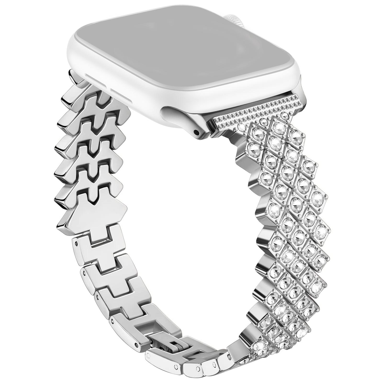 

For Apple Watch Series 10 42mm/9 8 7 41mm/SE (2023) SE (2022) SE 6 5 4 40mm/3 2 1 38mm Watch Strap Rhinestone Decor Zinc Alloy Band Silver