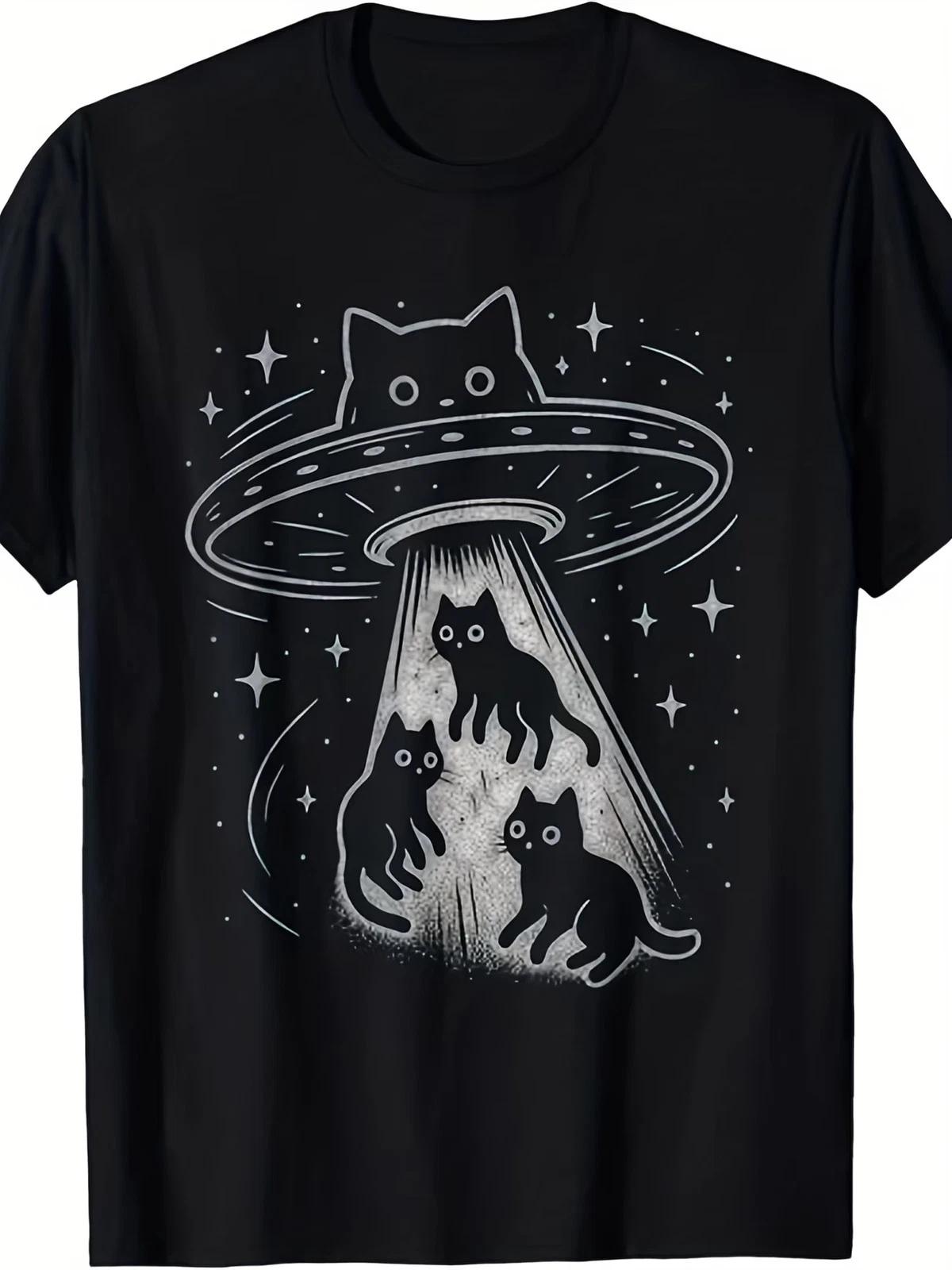 Funny Cat UFO Cute Kitty Space Spaceship Alien Aesthetic T-Shirt | Men S Casual L