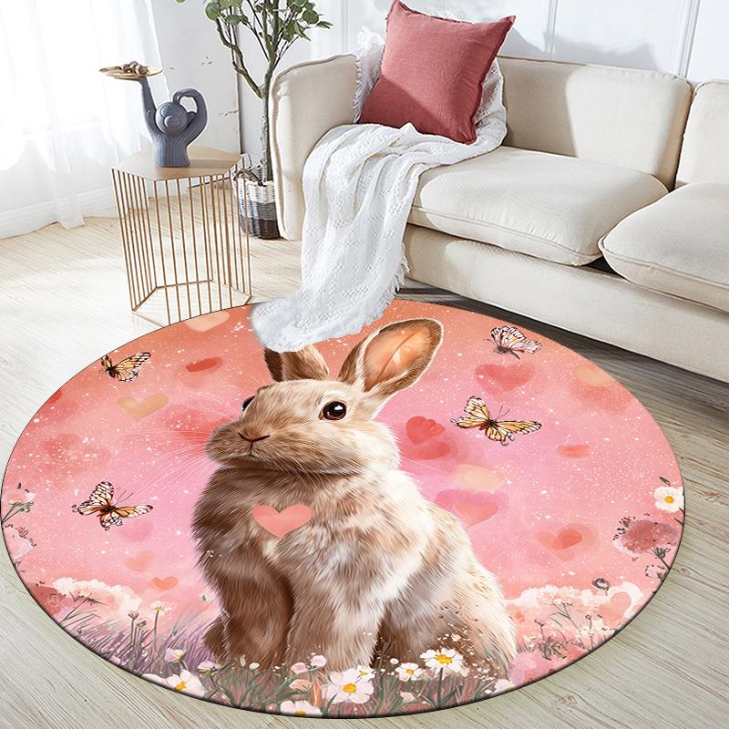 Rabbit and Flowers pattern round rug,Carpet Rug for Living Room Bedroom Sofa Playroom Decor,Non-slip Floor Mat,Holiday Gifts and Birthday Gifts