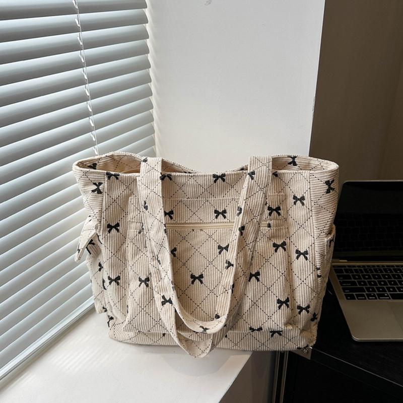 Women Corduroy Tote Bag Stylish Large Capacity Casual Commuting Bag Bow Pattern Design Simple Shopping Bag Chic Handbags CLE