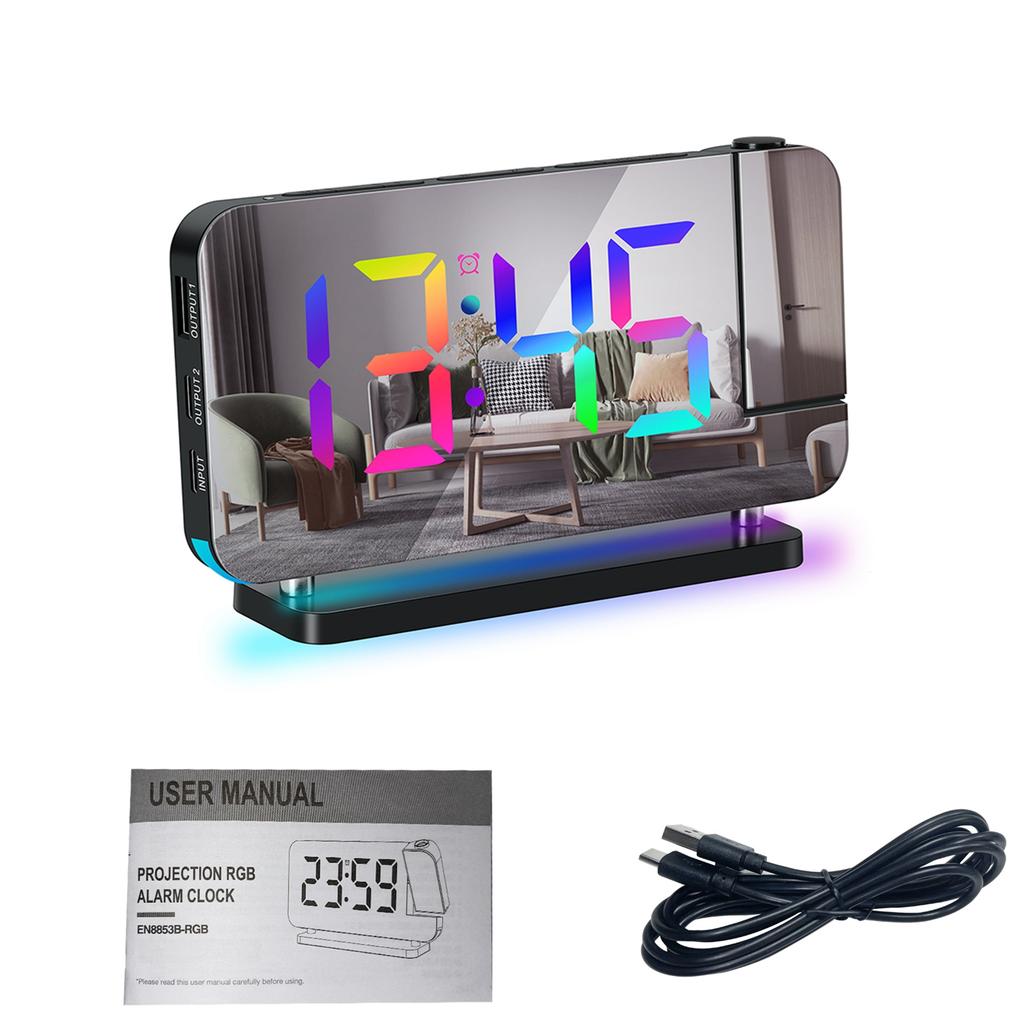 Projection Alarm Clock for Bedroom 7 inch RGB Colorful LED Digital Clock with Mirror Surface 6 level Brightness Dimmer
