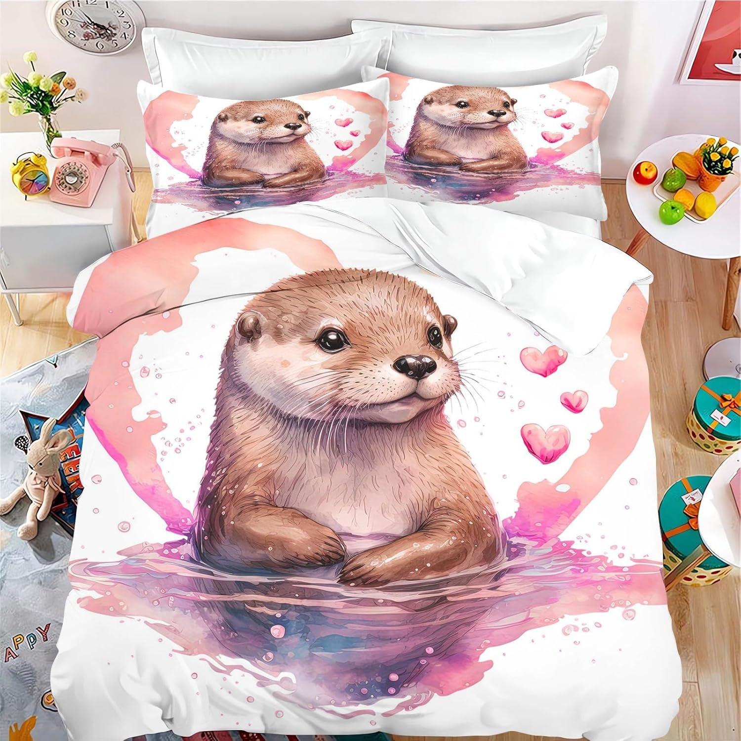 Grosstor Unisex Cute Otter Duvet Cover,Microfibre Sea Otter Bedding Set,3D Print Otteranimal Duvet Cover Set For Children And Adults Gift