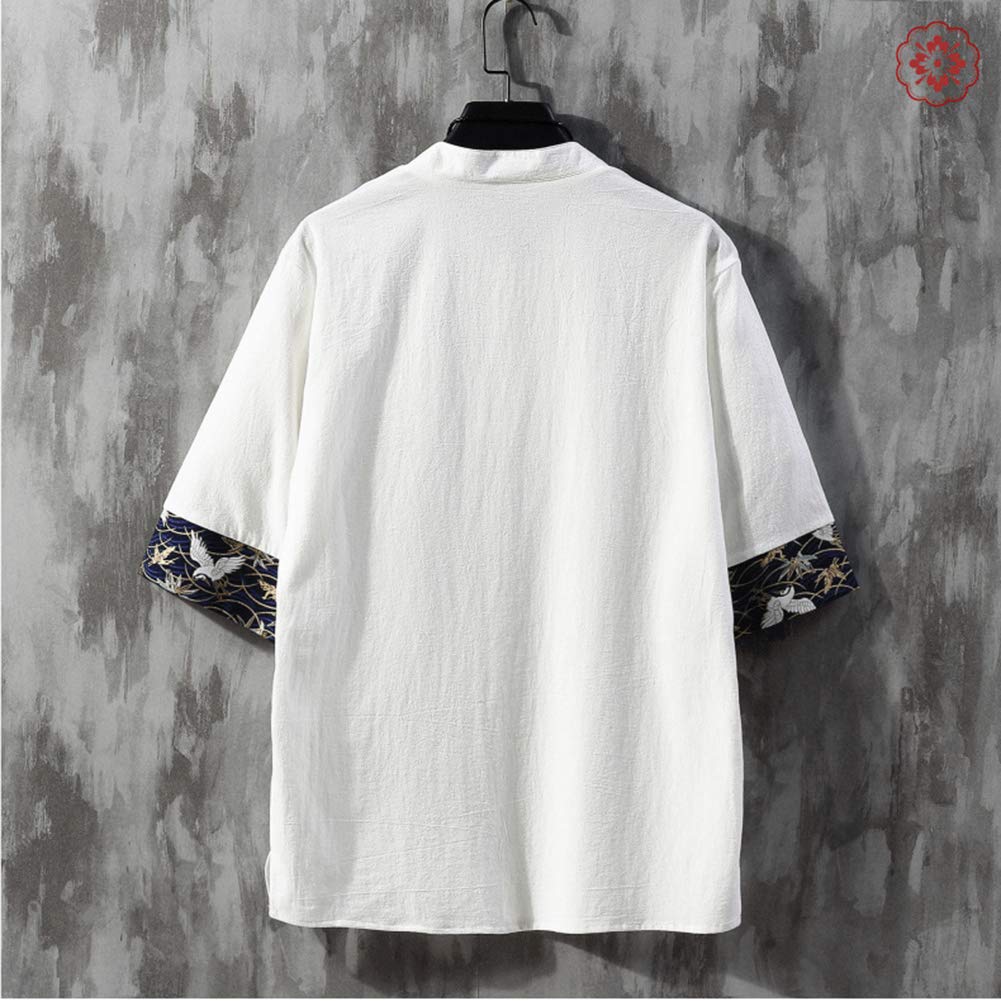 Summer Short Japanese Plus Sizes Loose Solid Size 2XL [foveitaa] Men's T-Shirt, Linen, Sleeve, Cotton-Linen, Style, Embroidered, 3/4 Sleeve,