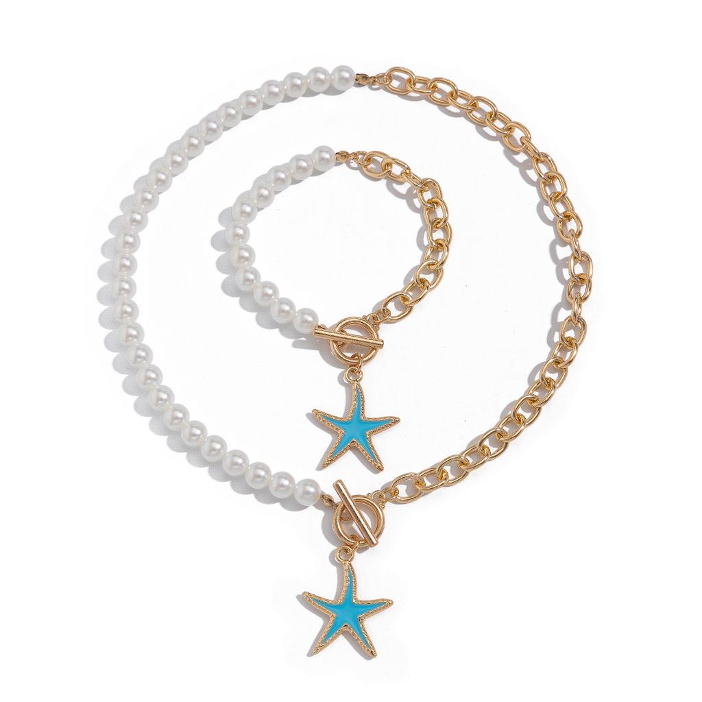 Ocean Style Colorful Starfish Pendant Necklace, Asymmetrical Imitation Pearl Necklace For Beach Vacation