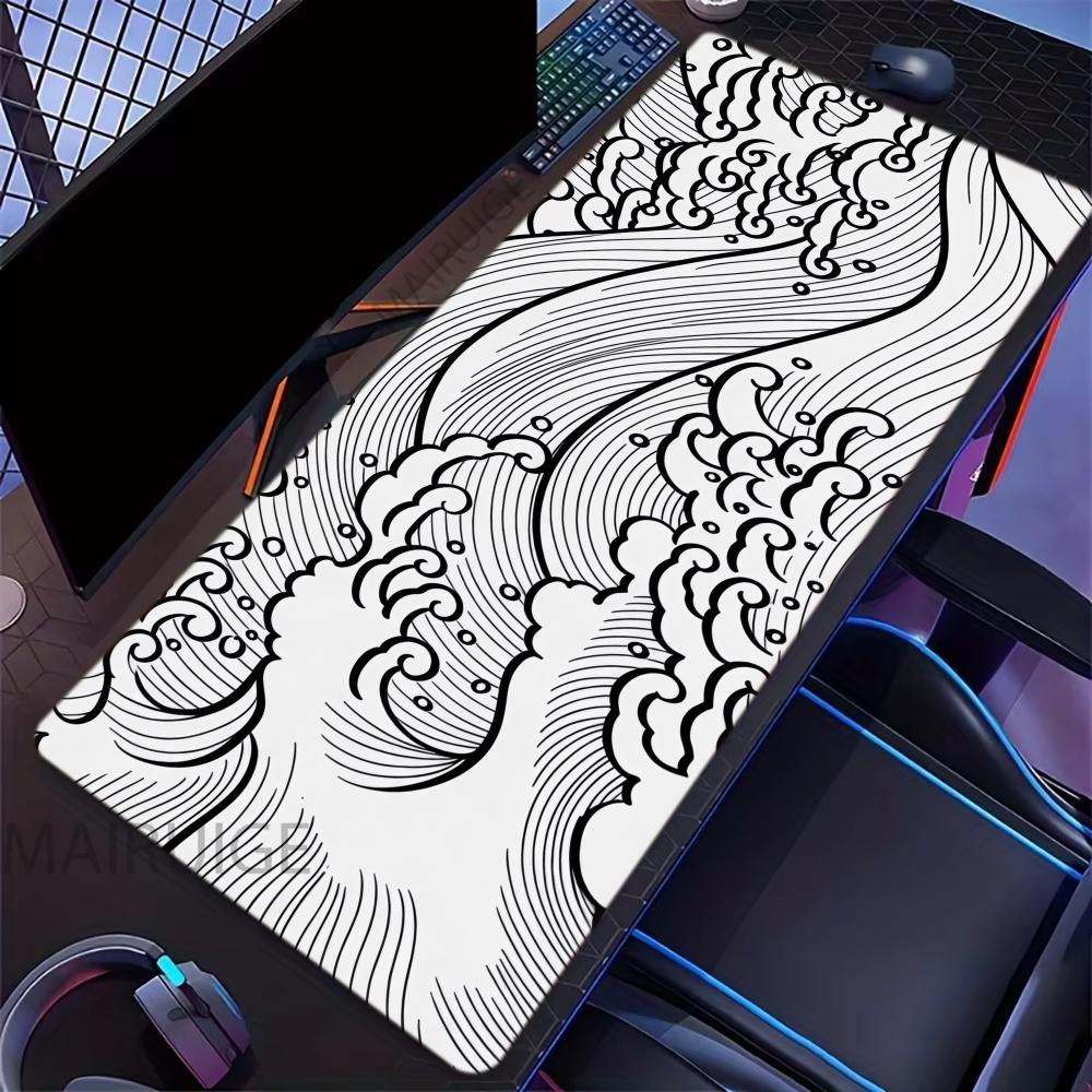 Black And White Japanese Waves Mouse Pad Gamer XL Custom Home HD Mousepad XXL Keyboard Pad Office Non-Slip Computer Mouse Mats