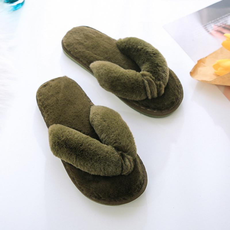 Women's winter home plush flip flops, comfortable wooden floor cotton slippers