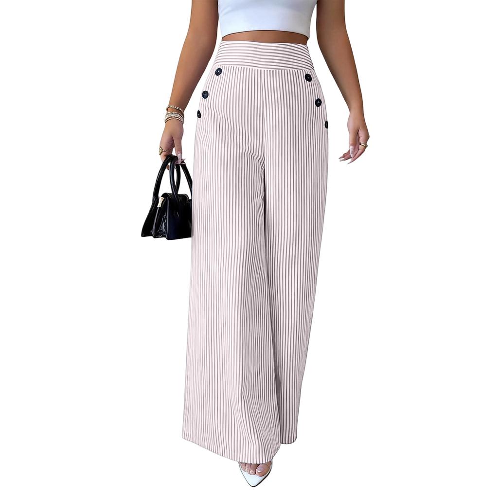 Flowy Pants for Women Casual High Waisted Wide Leg Palazzo Pants Long Trousers with Buttons and Pockets Plus Size