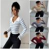 Women's Polo V Neck Long Sleeve Knit Top Slim Fit Y2K Striped Ribbed Cropped Pullover Sweater