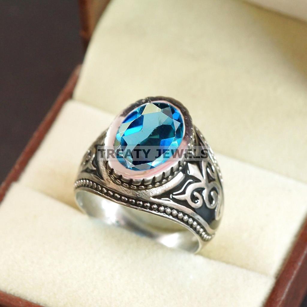 London Blue Topaz Oval Gemstone With 925 Sterling Silver Ring For Men's #B222 JL375675959367