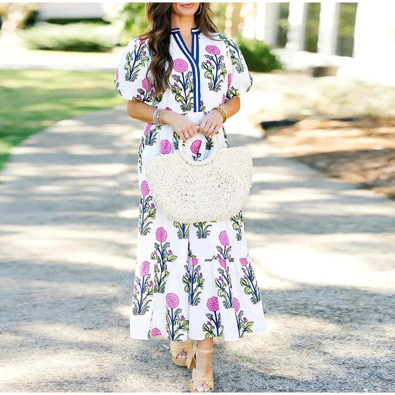 2025 New Women's V-neck Flower Print Dress