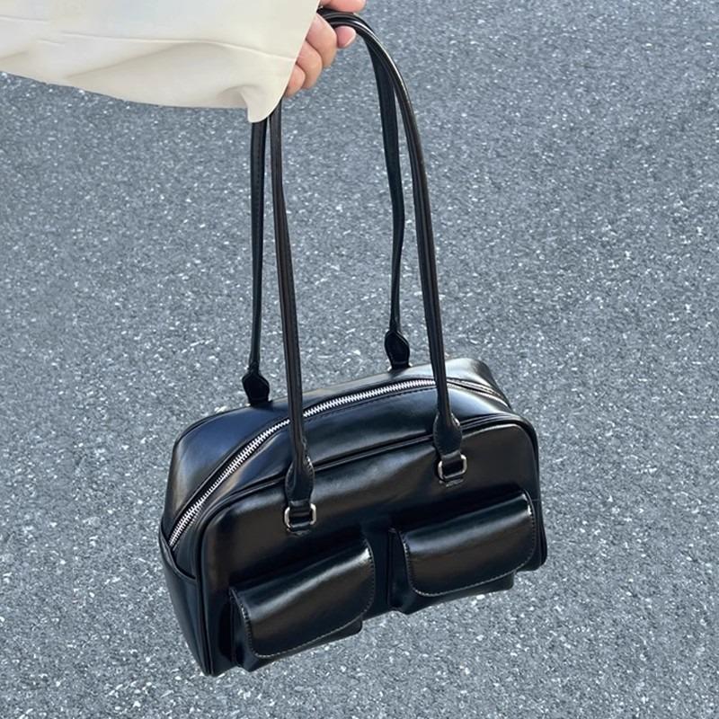 Korean Yunzhen Oil Wax Leather Bowling Bag Multi-Pocket Underarm Bag Commuter Handbag Shoulder Bag Crossbody Bag