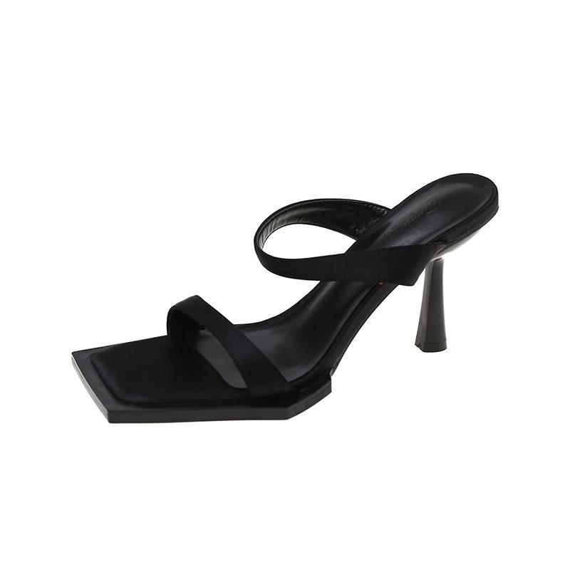 Black One-word Sandals New Summer High Heels Women's Shoes Stiletto Square Head Sandals Tide