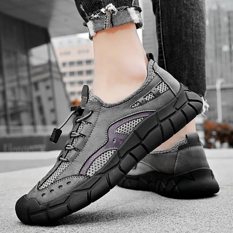 Men's Leather Casual Shoes Mesh Breathable Holiday Beach Shoes Non