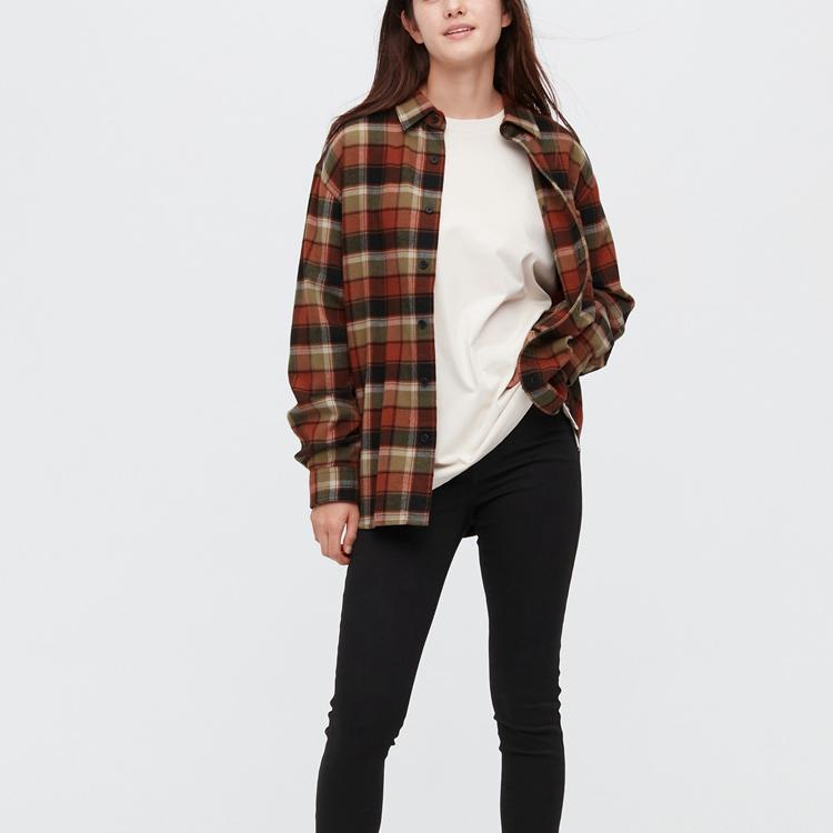 UNIQLO Plaid Point Collar Single-Breasted Long Sleeve Shirt Unisex shirts Dark-Orange 451297-28