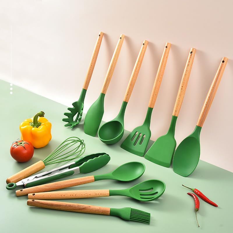 Gugrida 12-Piece Easy Food-Grade Silicone and Beechwood Cookware Set with 10 Stainless Steel Hooks (Dark Green)