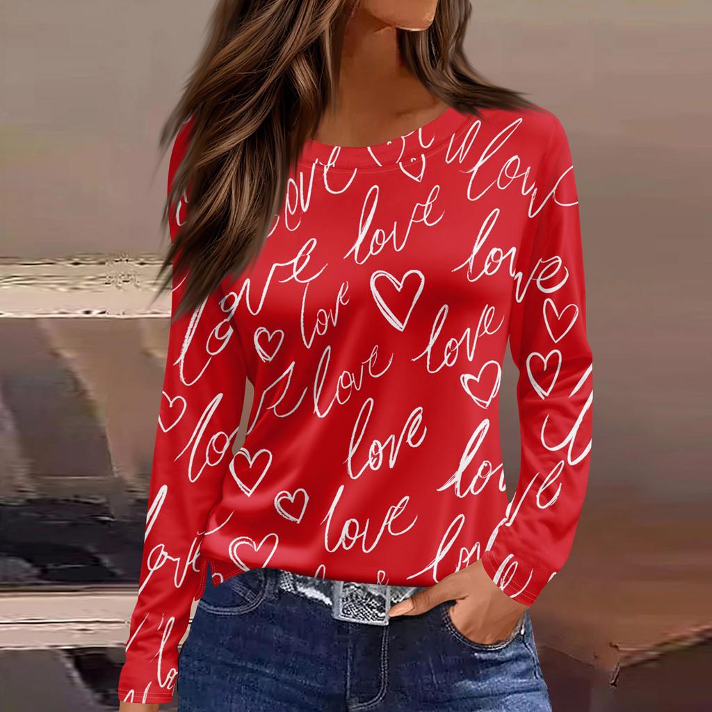 Moda damă ocazional tiv cu fante cu gât rotund, cu mânecă lungă, tricou imprimat liber Top pentru damă