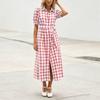 Women Casual Shirt Dress Midi Length Button Front Dress with Belted Waist and Short Sleeve Turn Down Collar Plaid Pattern