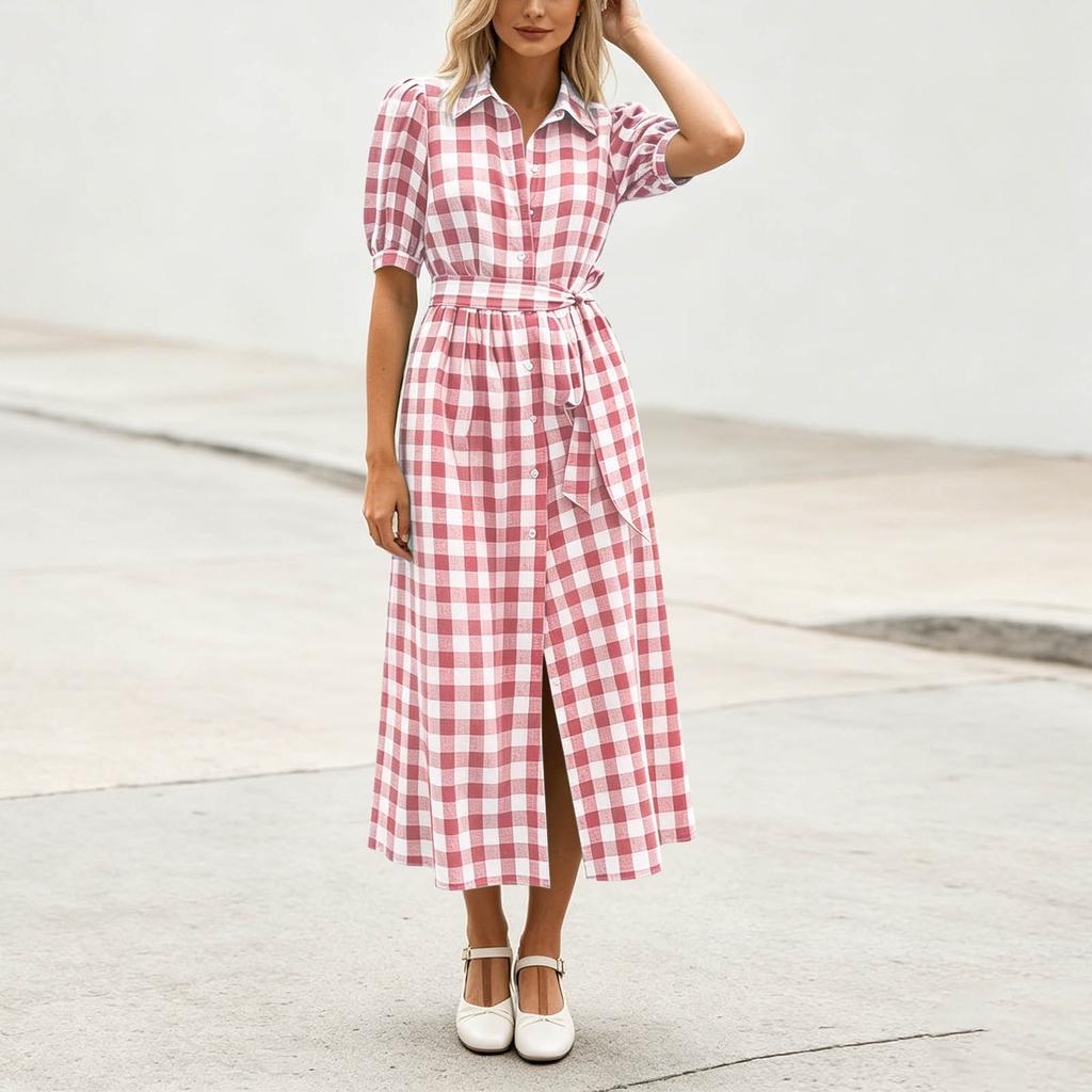 Women Casual Shirt Dress Midi Length Button Front Dress with Belted Waist and Short Sleeve Turn Down Collar Plaid Pattern