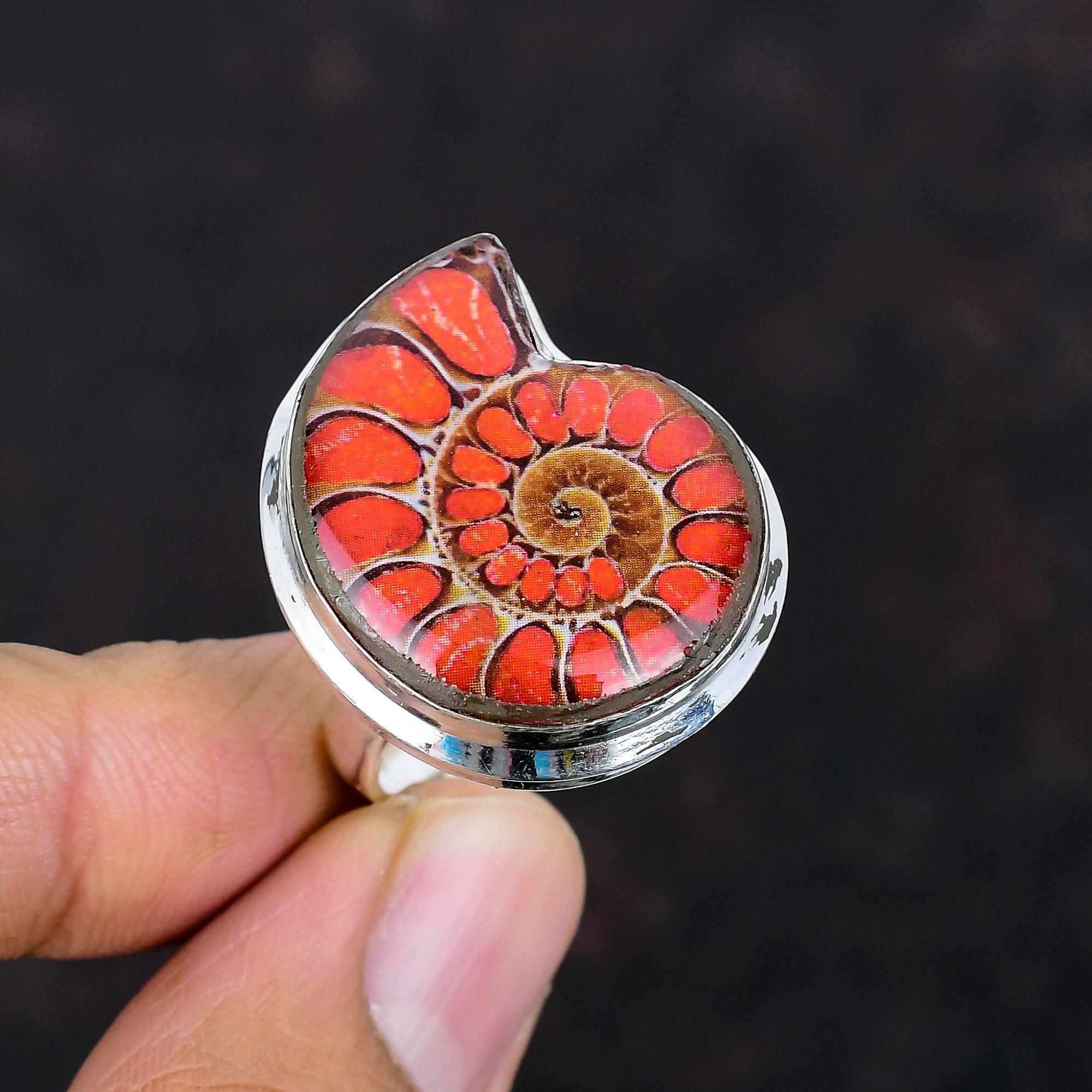 

Красная бирюза в кольце с окаменелостью аммонита, потрясающее ювелирное изделие с драгоценным камнем, антикварное кольцо, кольцо из стерлингового серебра 925 пробы, регулируемое кольцо ручной работы, подарки для него Adjustable