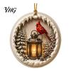 Christmas Party Supplies Acrylic Red Bird Ornament, Snow Scene Pattern Xmas Tree Pendants Hanging Decor, Retro Round Pendant for Winter Holiday Nature