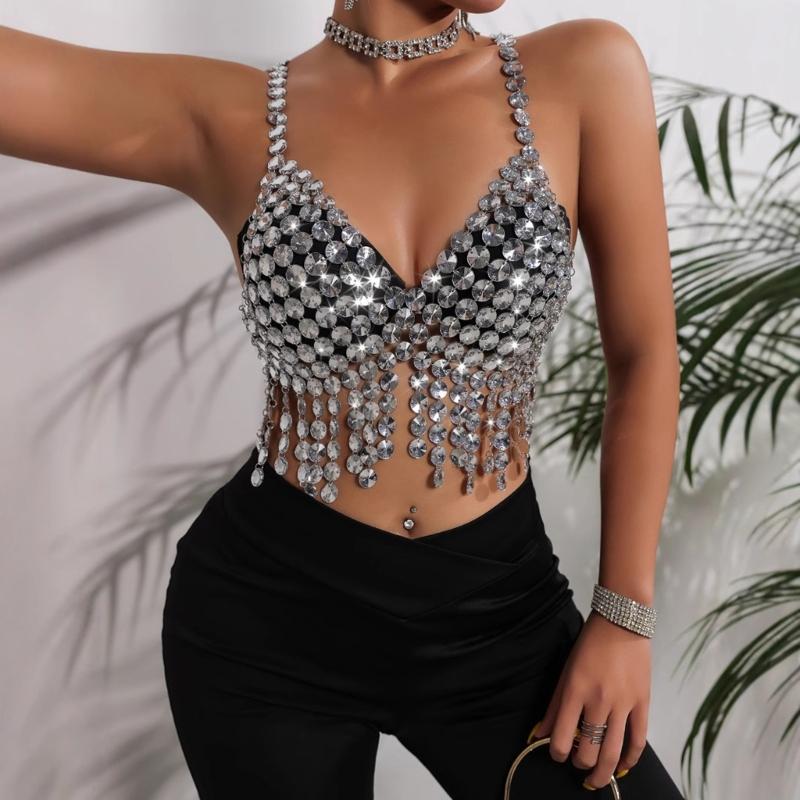 Women Acrylic Crystal Tassels Body Chain Sparkling Body Jewelry Backless Crop Tanks Top for Music Festival Party Outfit