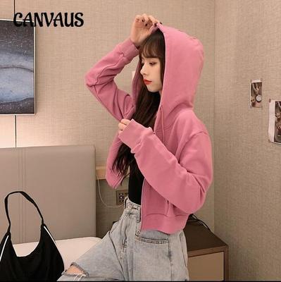 Herbst Damen Übergröße Kurzes Sweatshirt Reißverschluss Strickjacke Jacke Einfarbig Mit Kapuze Langarm Top