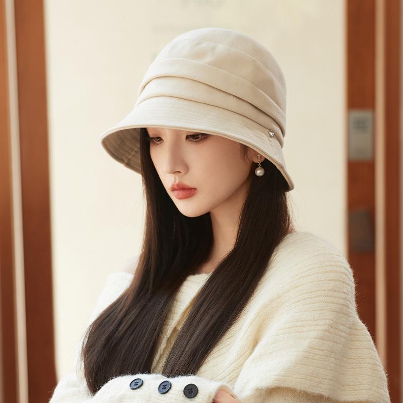 Spring and autumn hat women's season solid color curled brim bucket hat literary versatile washbasin hat