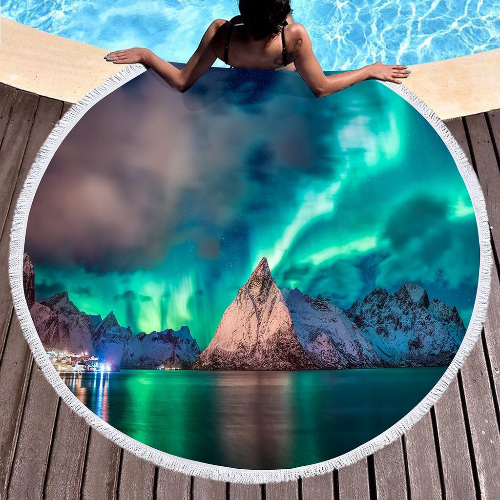 Aurora Print Round Beach Towel,Polyester Sand Resistant Beach Blanket,Soft Absorbent Quick Dry Pool Towel Portable Picnic Mat