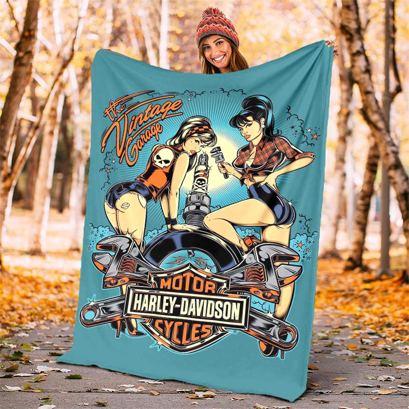 Vintage Motorcycle Flannel Blanket Soft All-Season Throw, Design for Camping, Car Travel, Hiking Sofa, Bed, Office Perfect Gift for Parties