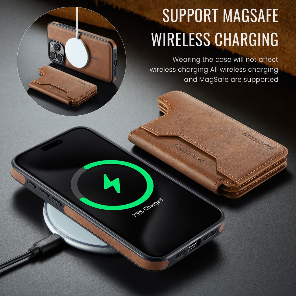 MAGKING K3 Series For iPhone 15 Pro Case Compatible with MagSafe Wallet PC+TPU+PU Phone Cover