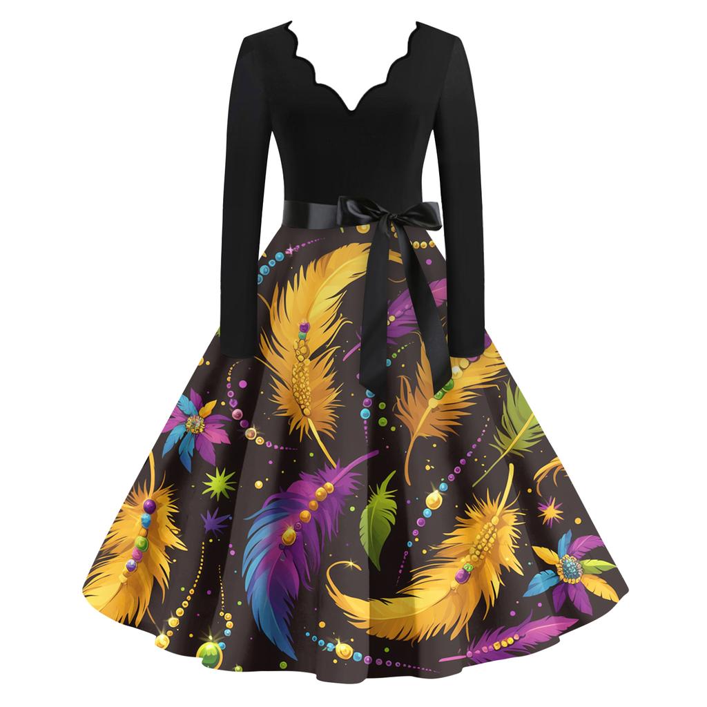 Women's Casual Fashion V Neck Long Sleeve Printed Vintage Long Dress