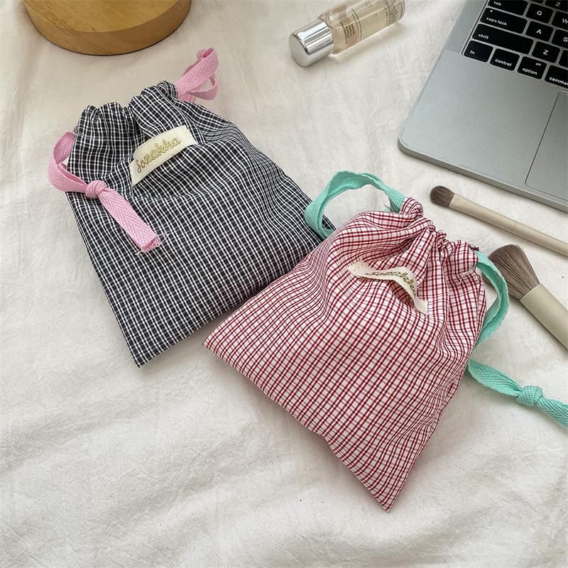 Checkered Pattern Lipstick Makeup Bag With Drawstring Simple Jewelry Handbag Large Capacity Storage Pouch