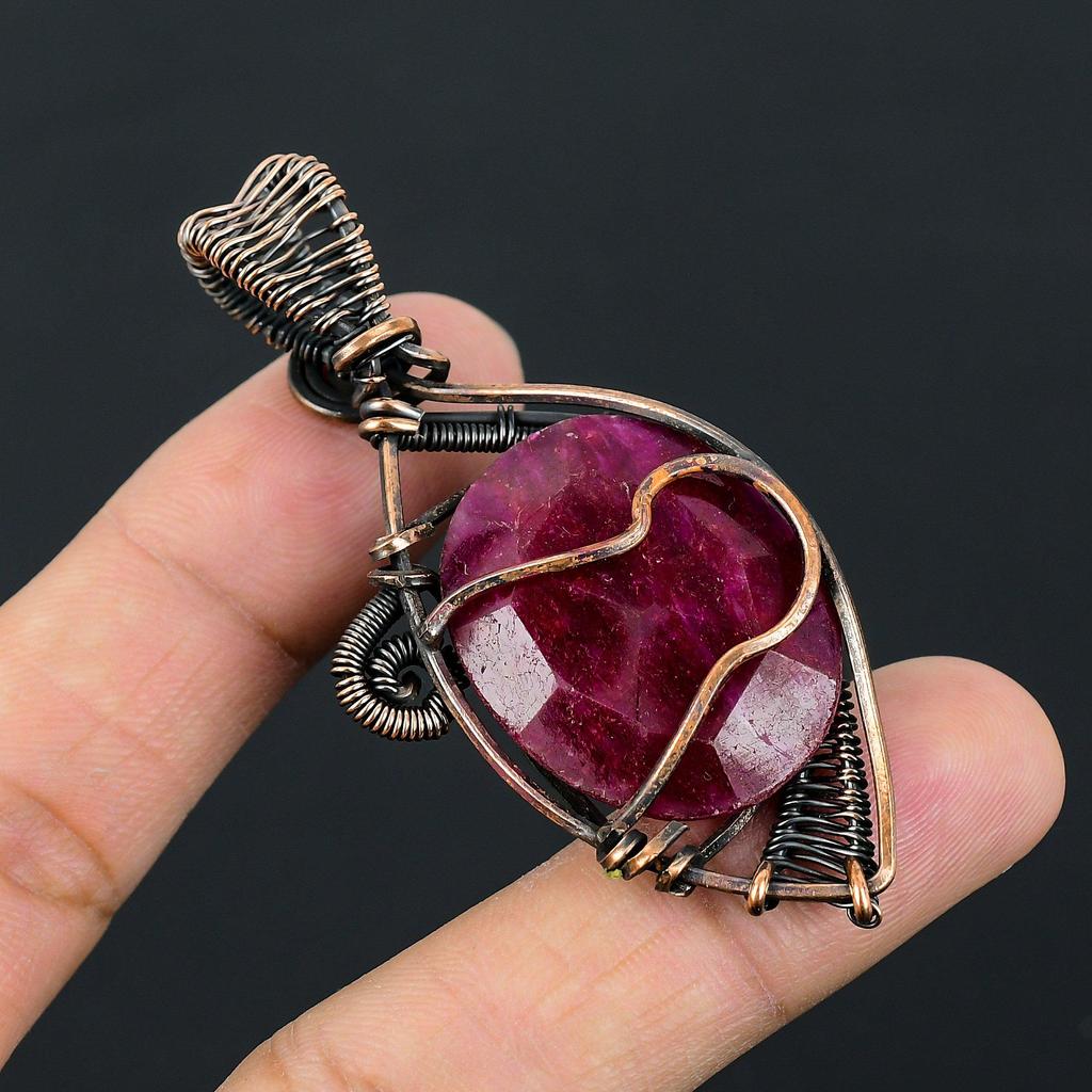 Lab-Created Red Ruby Gemstone Pure Copper Wire Wrapped Handmade Pendant Jewelry