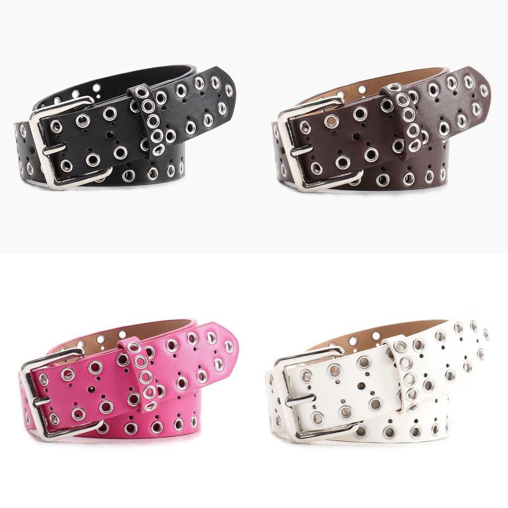 Hollowed Metal Women Leather Belt With Solid Color And Alloy Buckle Fashion