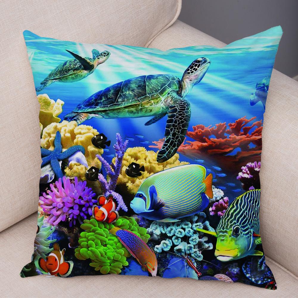 Marine Turtle Dolphins Shark Cushion Cover Short Plush Decor Colorful Ocean Animal Pillowcase Pillow Case for Sofa Home Car