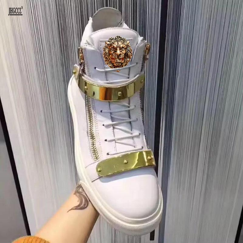 Fashion Real Leather White Color Shoes Luxury High Quality Mens Casual For Top Metal Buckle Sneakers Board Spring Autumn Male